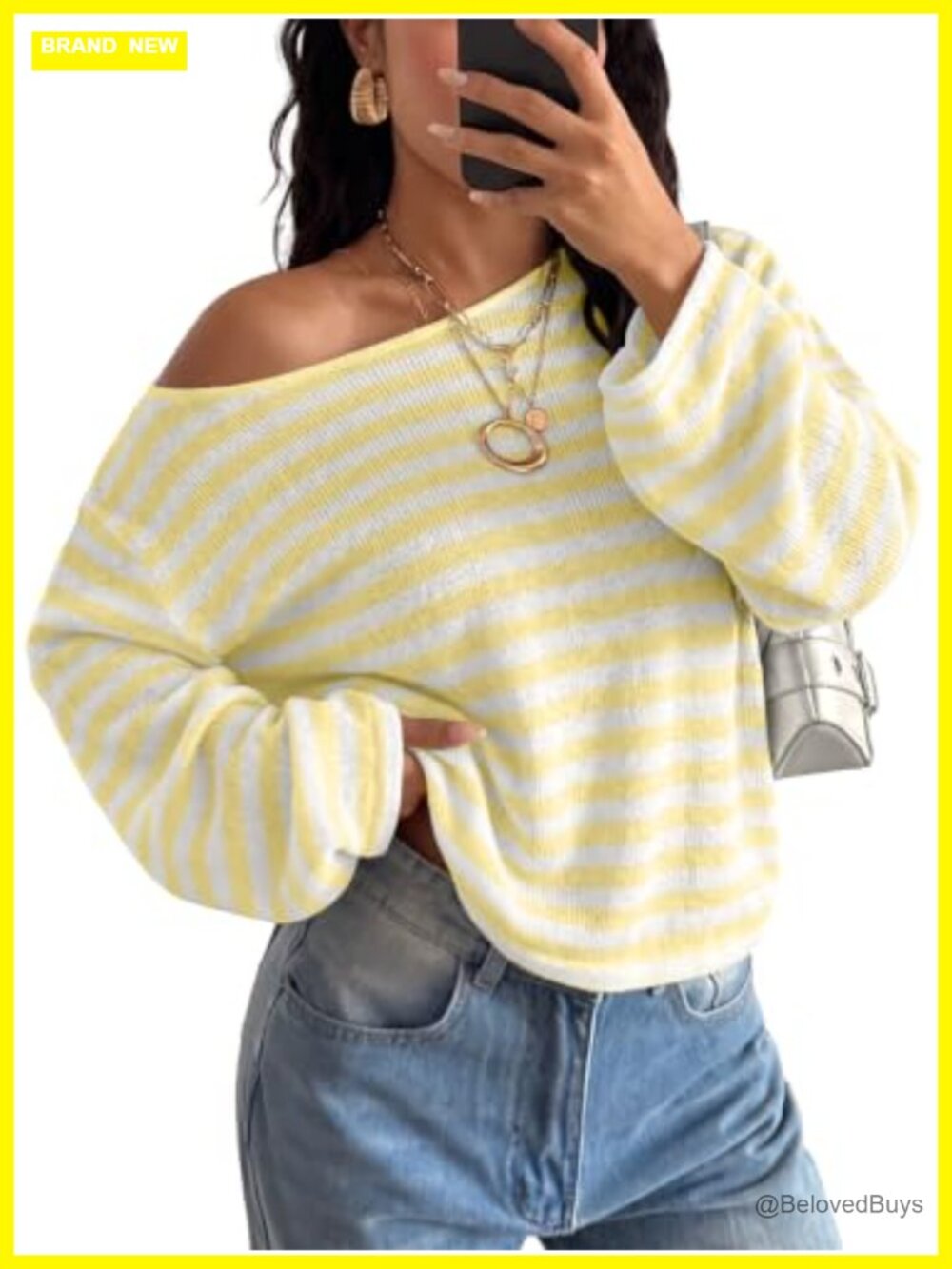 Women Y2k Striped One Off Shoulder Oversized Pullover Crop Sweater